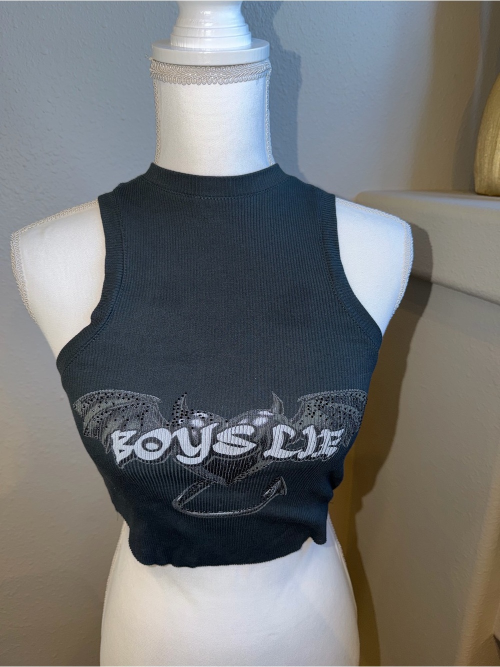 Boys Lie Ribbed Crop Tank Top Gray Graphic Crop Top OSO